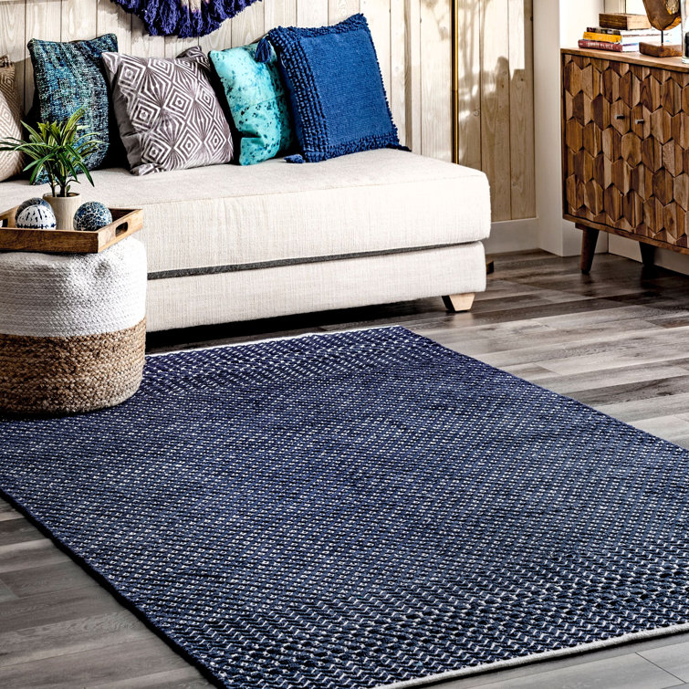 Gracie Oaks Aldric Striped Handmade Flatweave Cotton Navy Area Rug